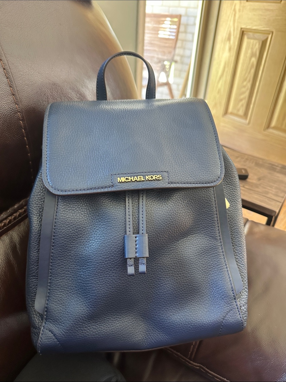 Michael Kors Navy Leather Drawstring Backpack